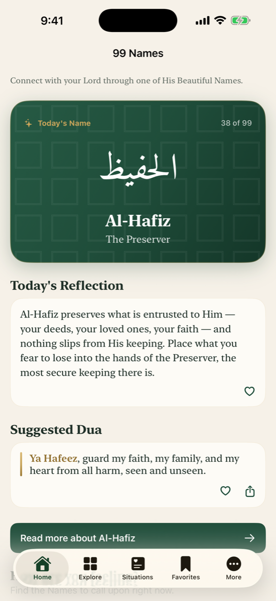 The Home screen showing the Name of the Day, Al-Hafiz, with a reflection and a suggested du'a.