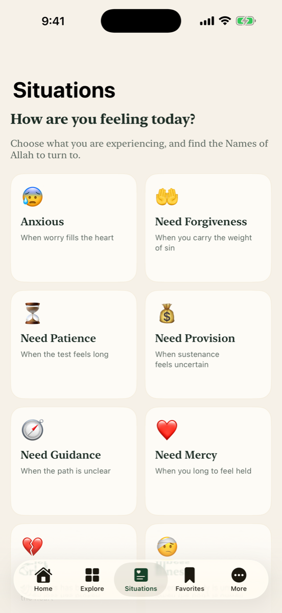 The Situations screen listing everyday states such as anxious, grateful and in need.